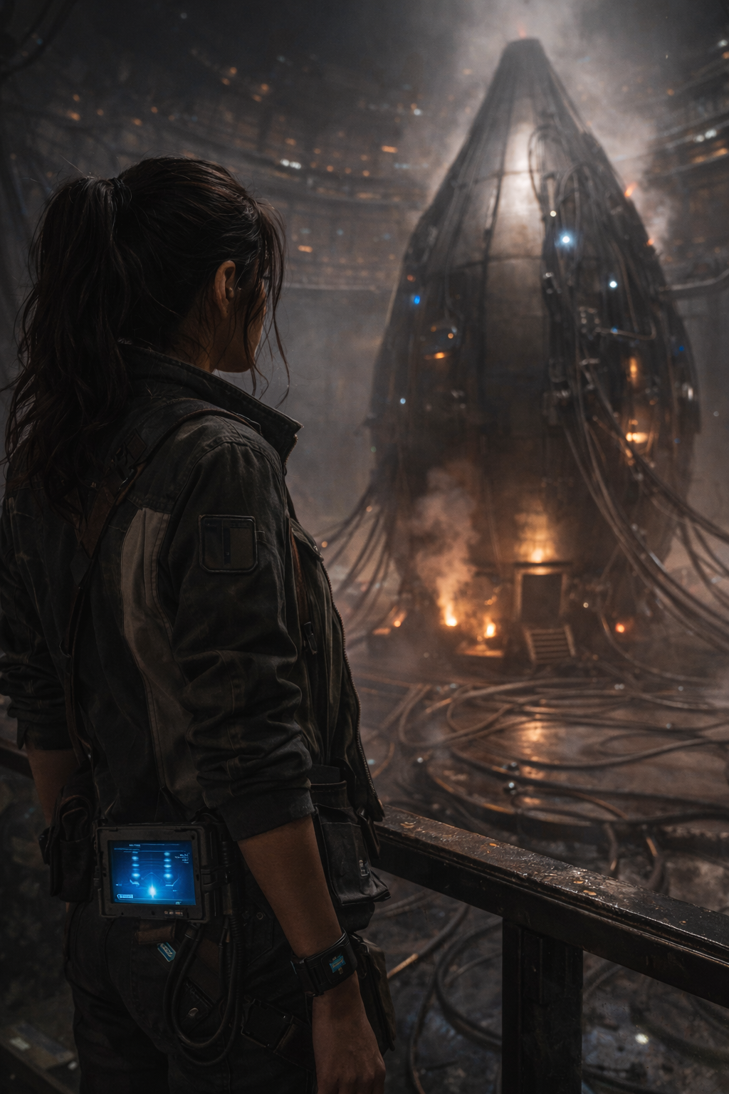 Elara confronting hidden machinery beneath Arborealis